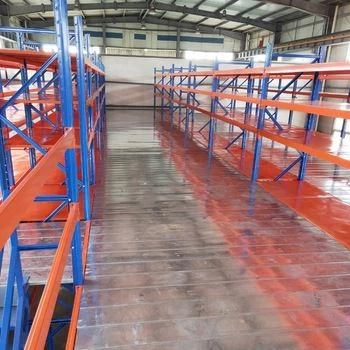 Warehouse mezzanine racking support floor with stairs and safety handrails